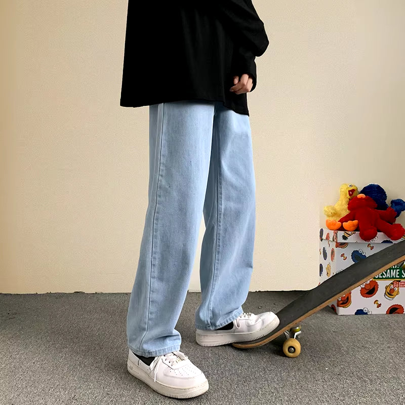 Men'S Hip Hop Loose Jeans 2021 Autumn New Streetwear Straight Baggy Wide Leg Pants Male Brand Trousers Light Blue