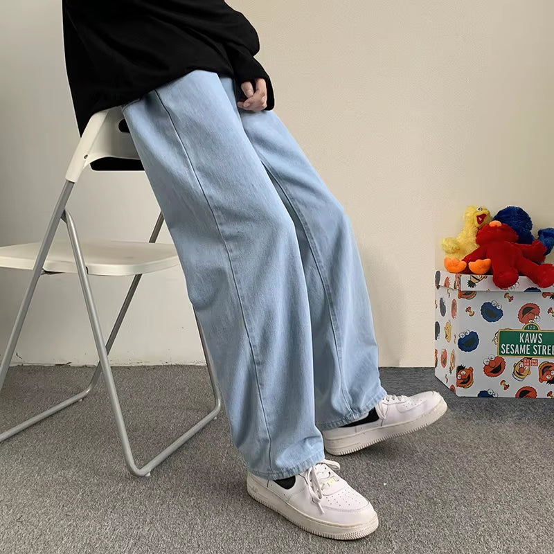 Men'S Hip Hop Loose Jeans 2021 Autumn New Streetwear Straight Baggy Wide Leg Pants Male Brand Trousers Light Blue