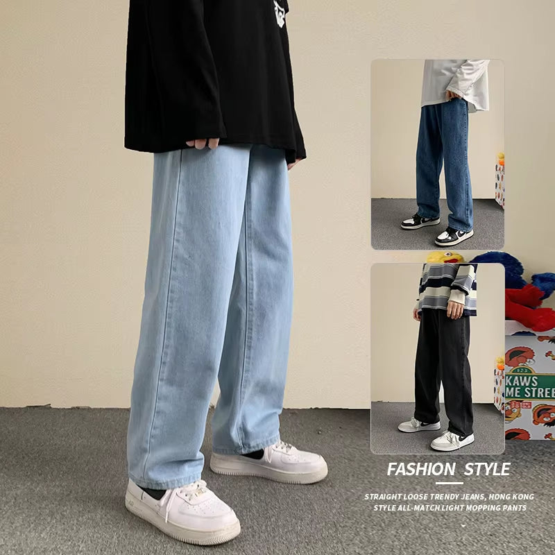 Men'S Hip Hop Loose Jeans 2021 Autumn New Streetwear Straight Baggy Wide Leg Pants Male Brand Trousers Light Blue