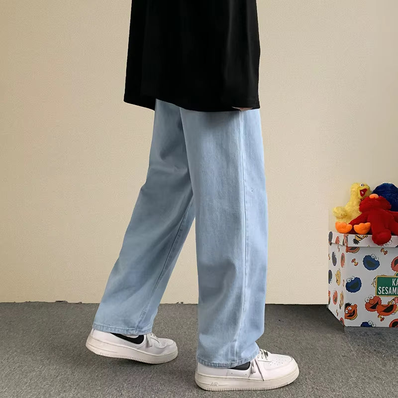 Men'S Hip Hop Loose Jeans 2021 Autumn New Streetwear Straight Baggy Wide Leg Pants Male Brand Trousers Light Blue